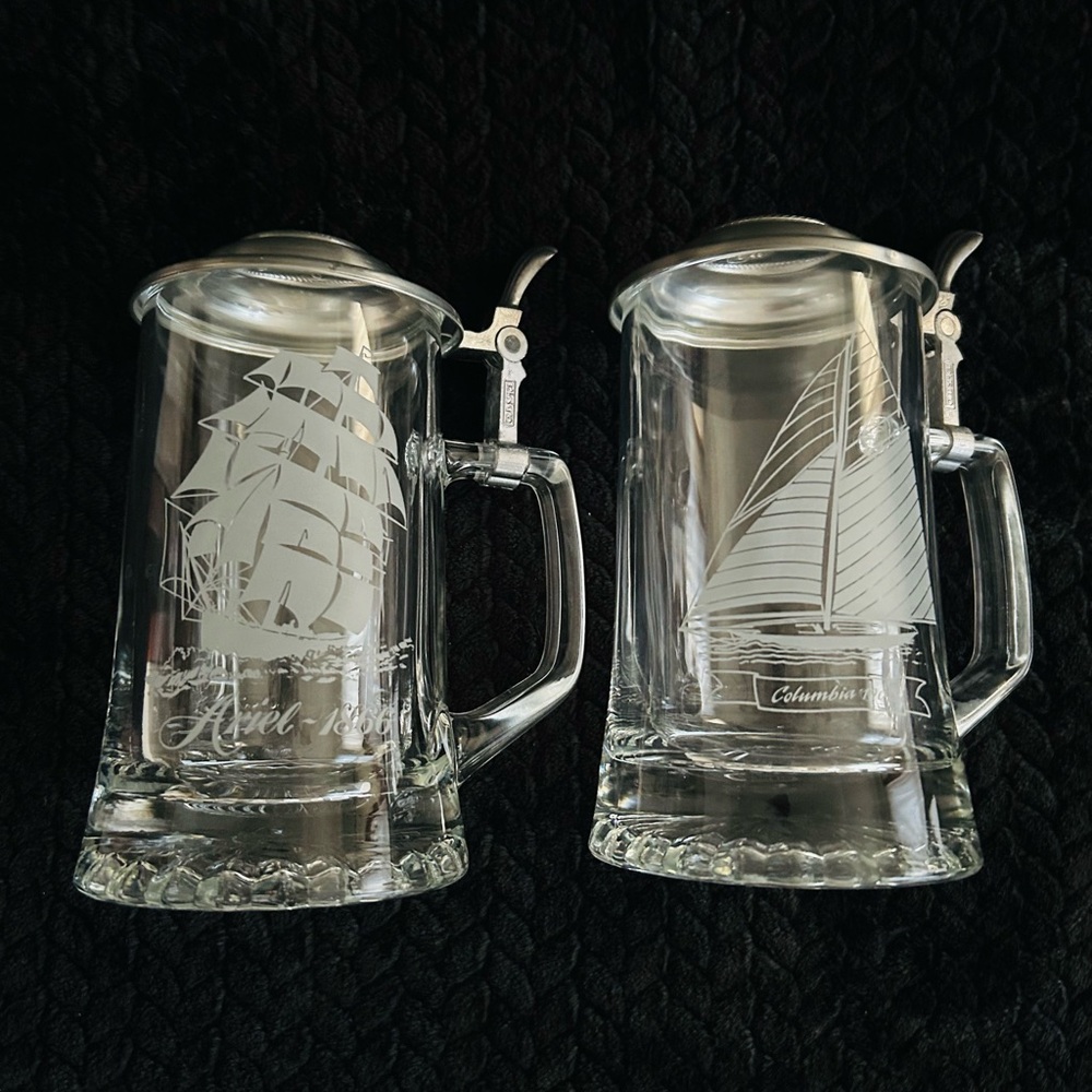 Vintage Old Spice Nautical Beer Stein Etched Glass Set of Two Tankards